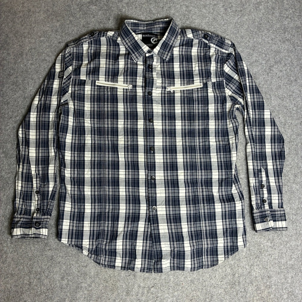 Ecko Unltd Button Down Shirt Mens 2XL Blue White Plaid Zipper Pockets Y2K Skater